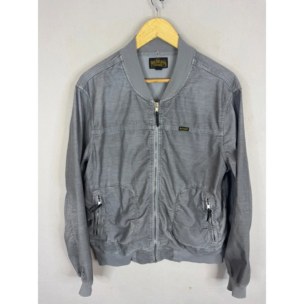 True Religion Mens Runner Jacket Grey Full Zip Bomber Coat Large KM7G29XY00337